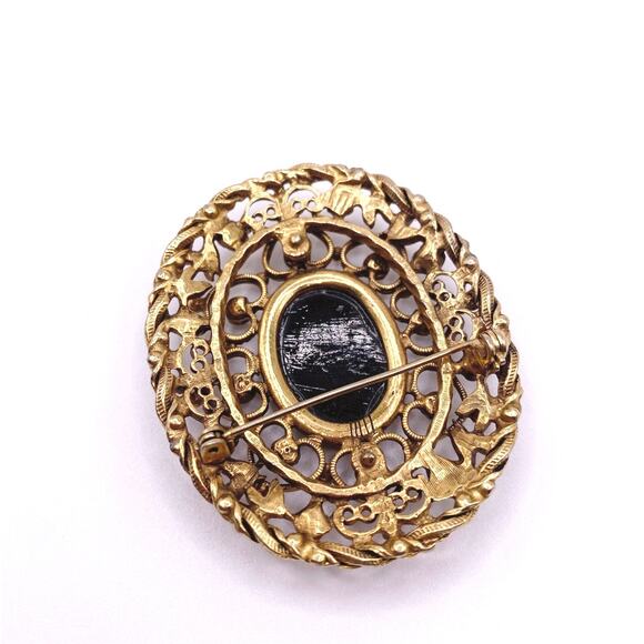 Vintage Large Brooch With Obsidian Stone Floral Design Gold Tone Filigree - Picture 6 of 7